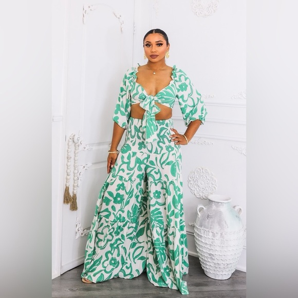 Floral Green and White pant set - Picture 3 of 7